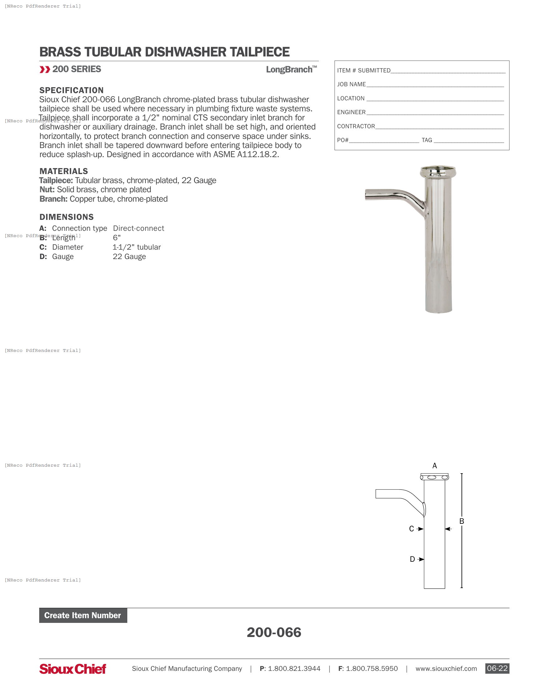 200-066 - LONGBRANCH DIRECT-CONNECT DISHWASHER TAILPIECE - SPEC SHEET.PDF Specification Document